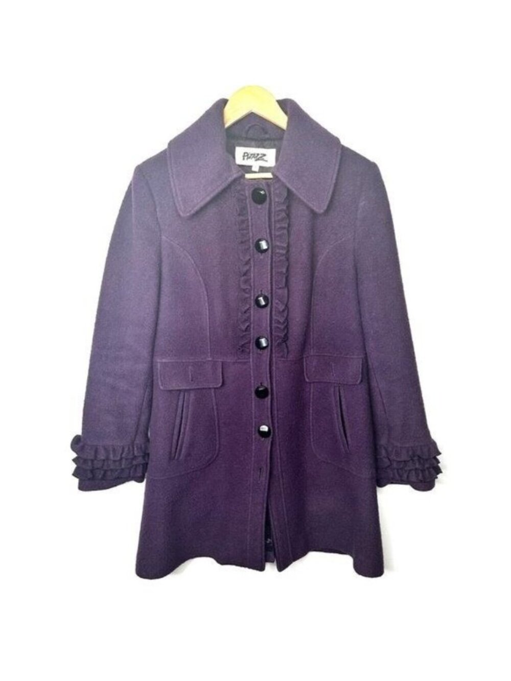 Pizazz Womens Purple Ruffle Trim Swing Coat Jacket Wool Blend Button Front 12